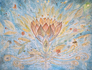 Painting Awakening, by Beric Henderson; Central image is a king protea flower with a human embryo gestating in its ovary at the base of the flower; botanical images surround.