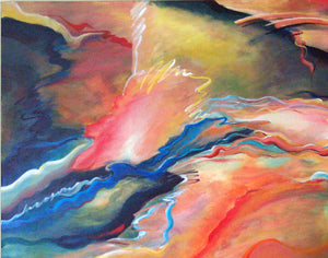 Detail of painting Brush Experiment, by Linda Sample; an abstract image with a sense of turbulent motion from which emerges a white flame-like form. This painting illustrates the 10th poem in the eBook version.