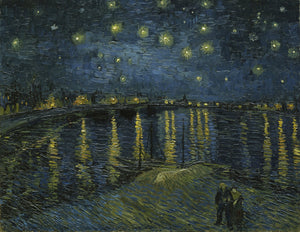 Detail of painting Starry Night Over the Rhöne, by Vincent van Gogh, depicting a dark night sky with brilliant stars and the lights along the shore, reflecting in the river. This painting illustrates the 12th poem.